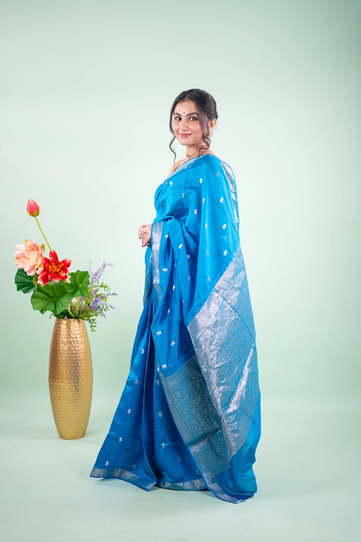 Cerulean Blue Banarasi Silk Saree - angled view