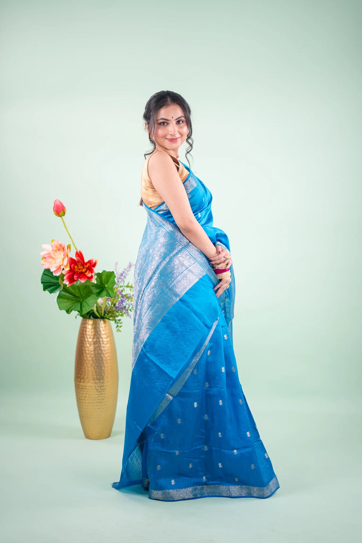 Cerulean Blue Banarasi Silk Saree - back view