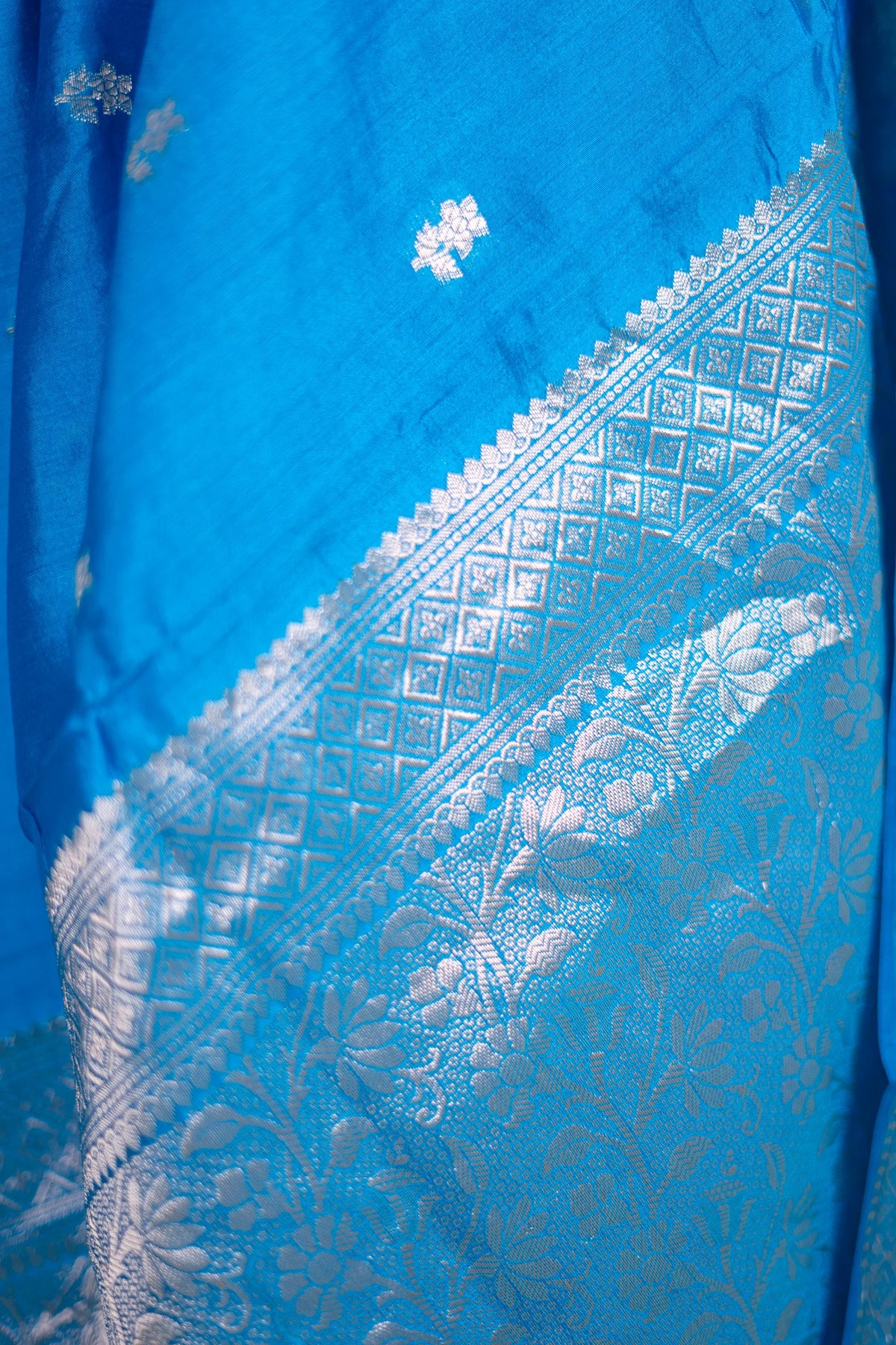 Cerulean Blue Banarasi Silk Saree - lower border close-up