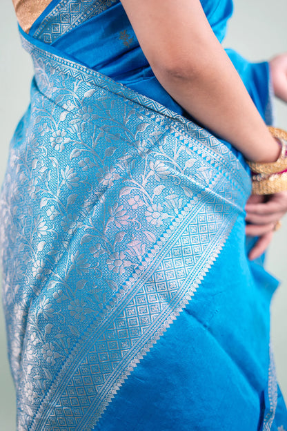 Cerulean Blue Banarasi Silk Saree - extra zari detail