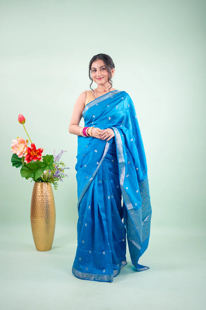 Cerulean Blue Banarasi Silk Saree - full front view