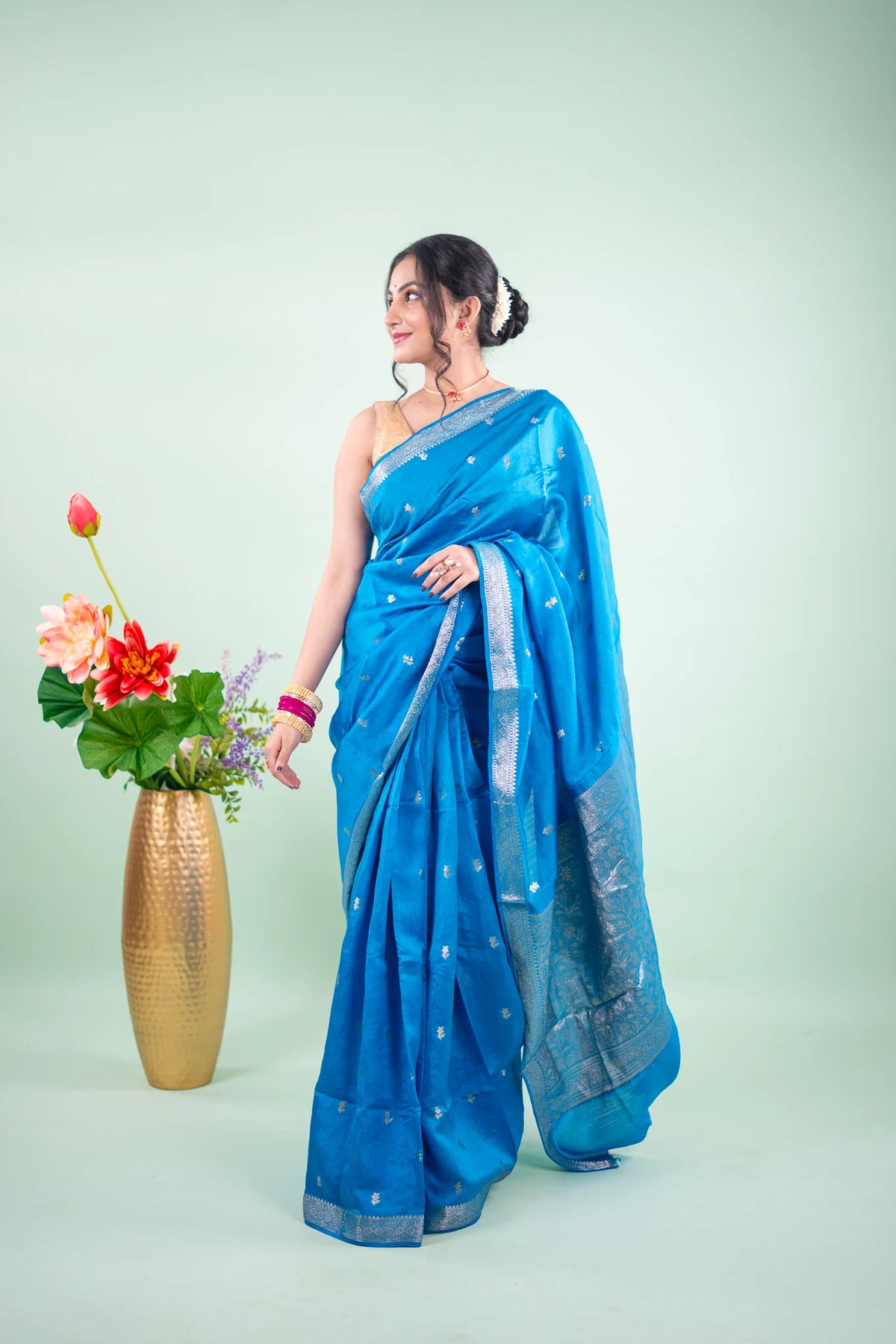 Cerulean Blue Banarasi Silk Saree - pallu on shoulder