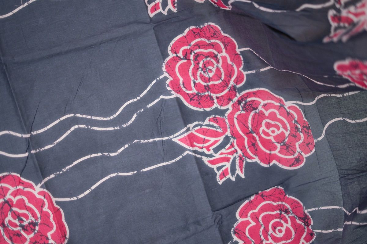 Charcoal Grey Batik Rose Mul Mul Cotton Saree