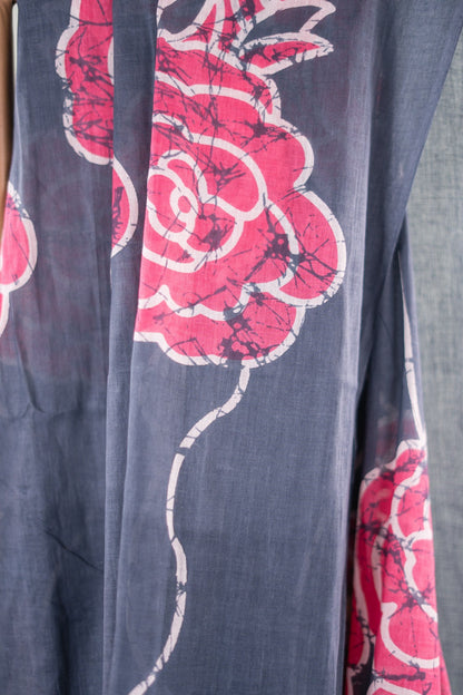 Charcoal Grey Batik Rose Mul Mul Cotton Saree
