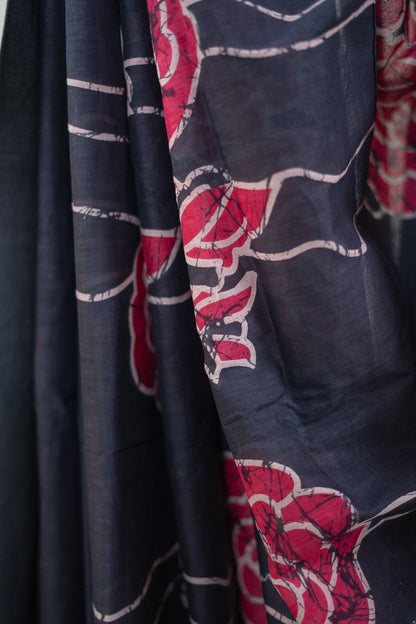 Charcoal Grey Batik Rose Mul Mul Cotton Saree