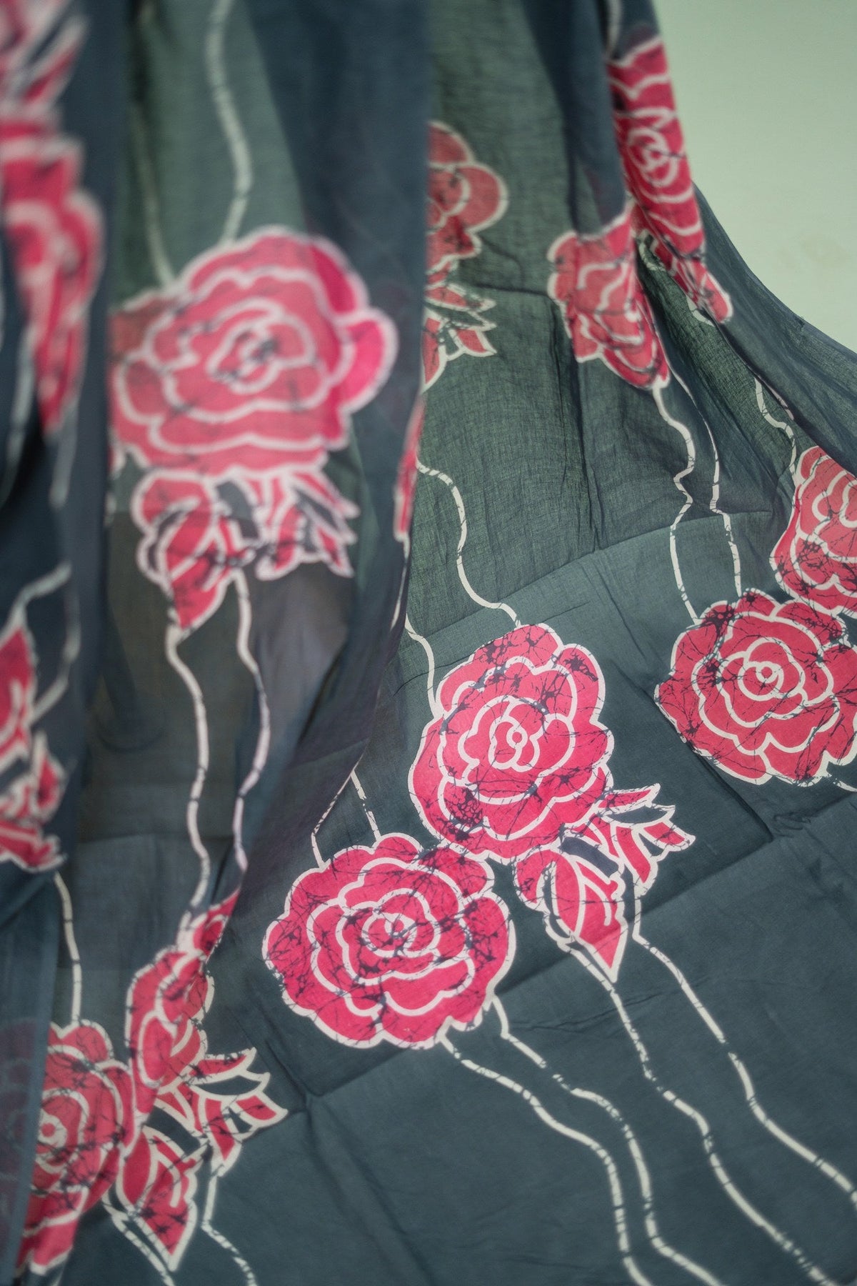 Charcoal Grey Batik Rose Mul Mul Cotton Saree
