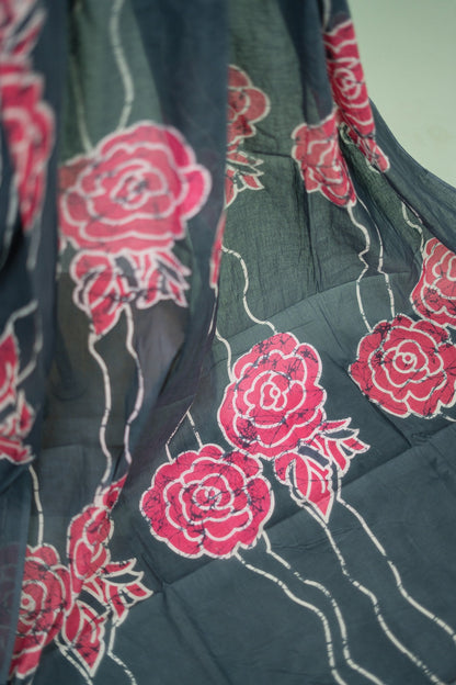 Charcoal Grey Batik Rose Mul Mul Cotton Saree