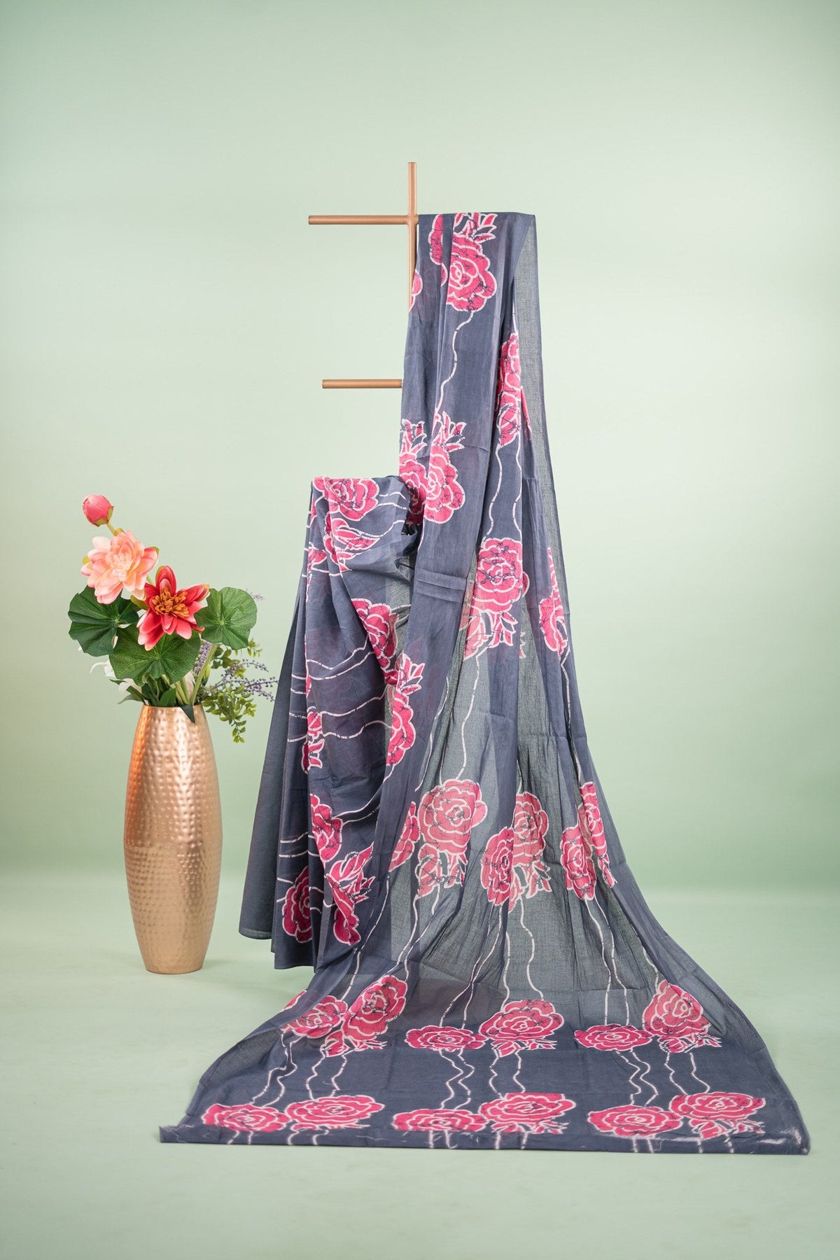 Charcoal Grey Batik Rose Mul Mul Cotton Saree