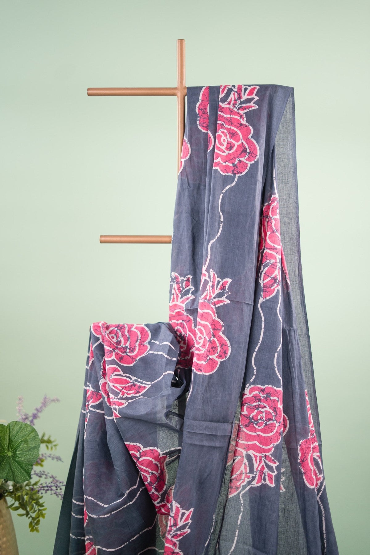 Charcoal Grey Batik Rose Mul Mul Cotton Saree