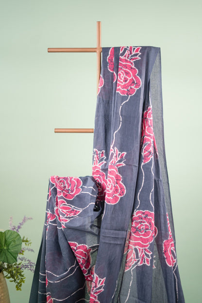 Charcoal Grey Batik Rose Mul Mul Cotton Saree