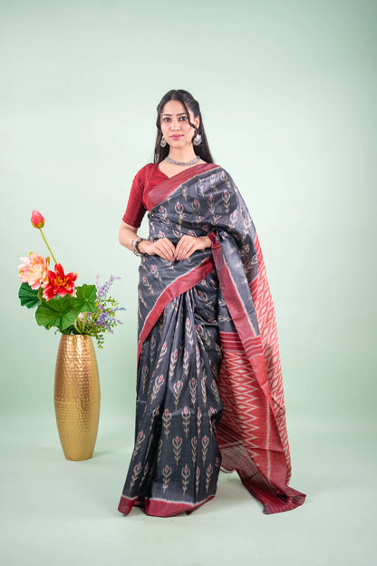 Charcoal Maroon Floral Ikat Tussar Saree image 1