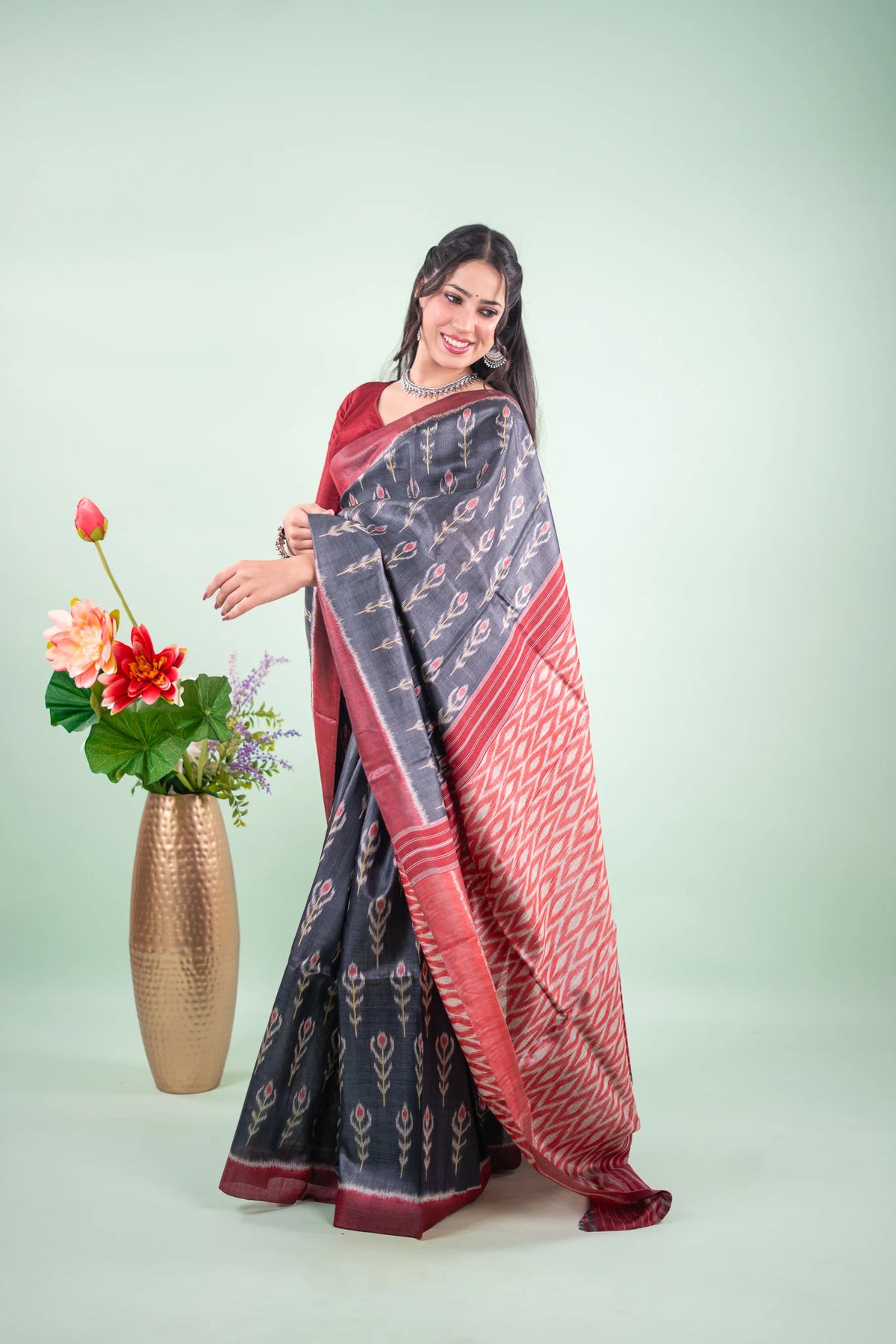 Charcoal Maroon Floral Ikat Tussar Saree image 2