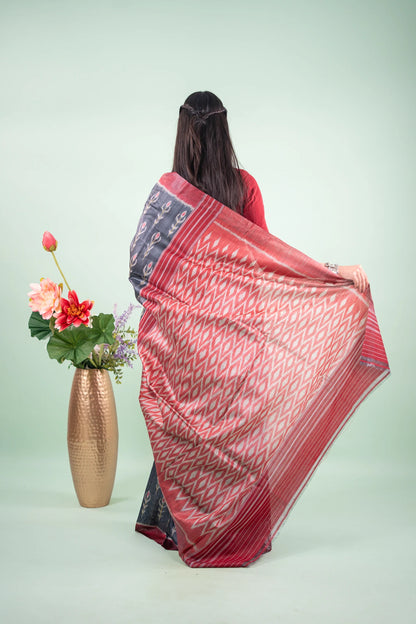 Charcoal Maroon Floral Ikat Tussar Saree image 4