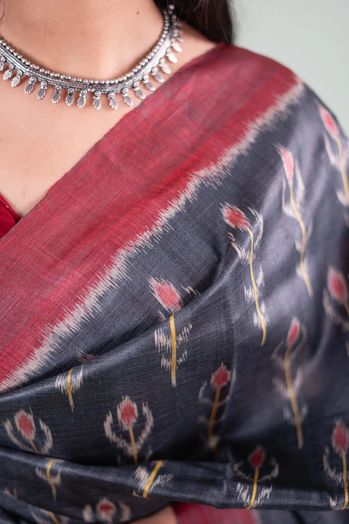 Charcoal Maroon Floral Ikat Tussar Saree image 5