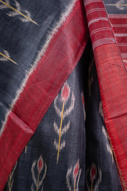 Charcoal Maroon Floral Ikat Tussar Saree image 6