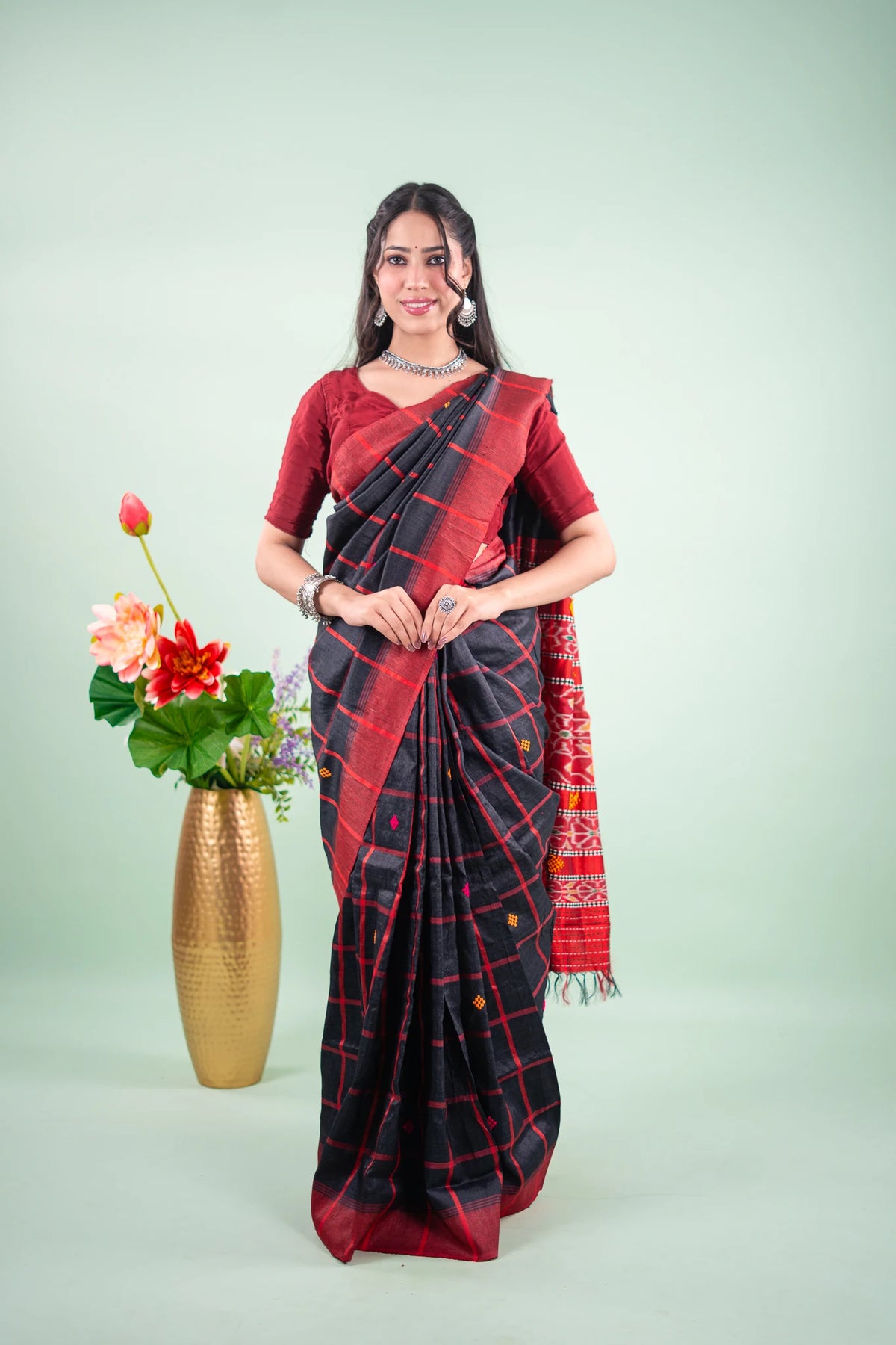 Charcoal Red Cross Ikat Khandua Silk Saree - image 1