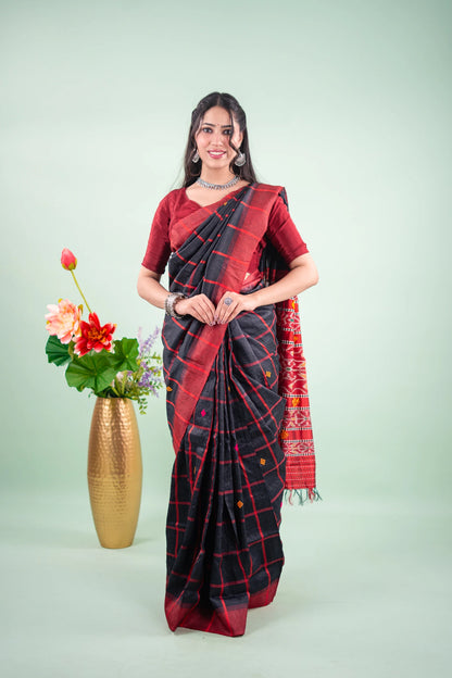 Charcoal Red Cross Ikat Khandua Silk Saree - image 2