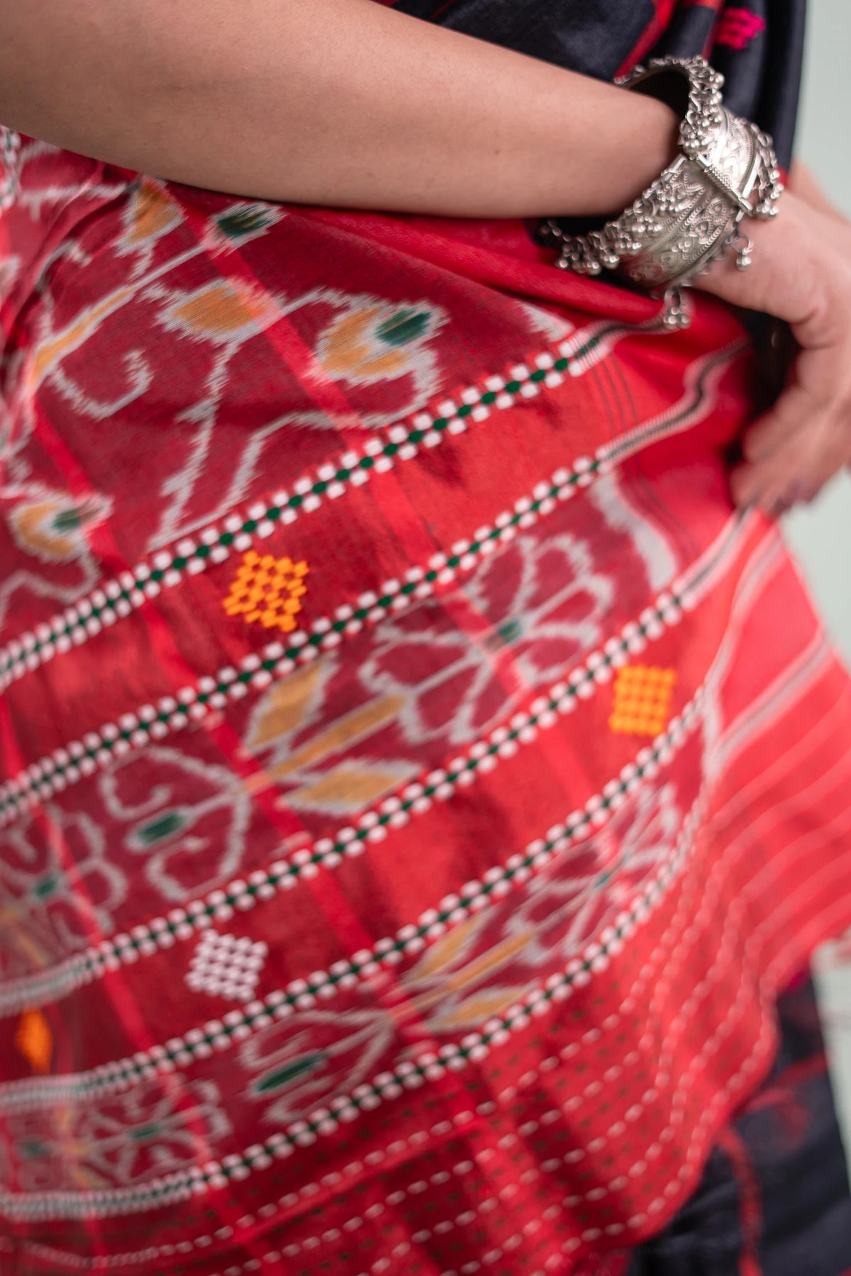 Charcoal Red Cross Ikat Khandua Silk Saree - image 3