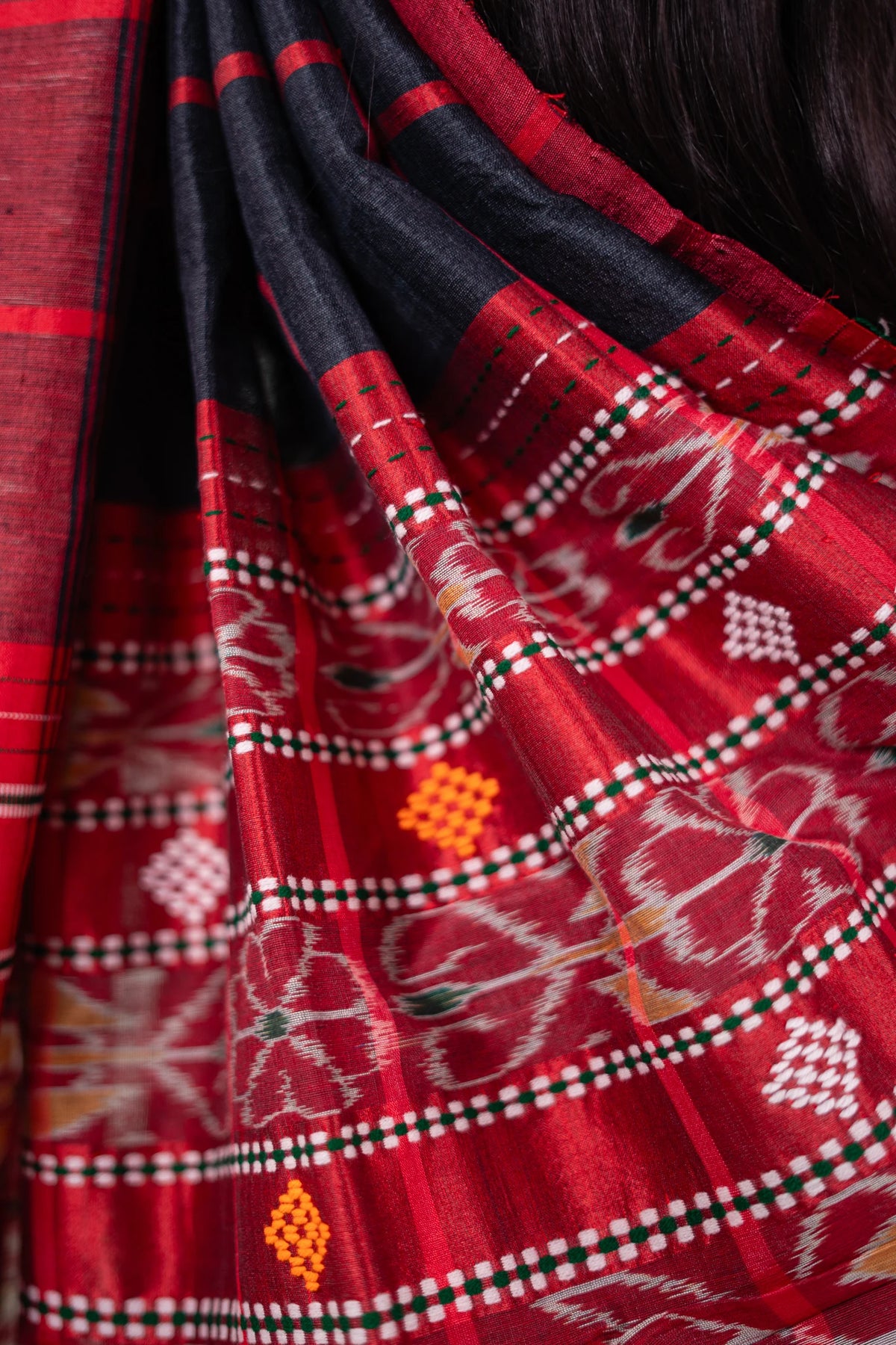 Charcoal Red Cross Ikat Khandua Silk Saree - image 6