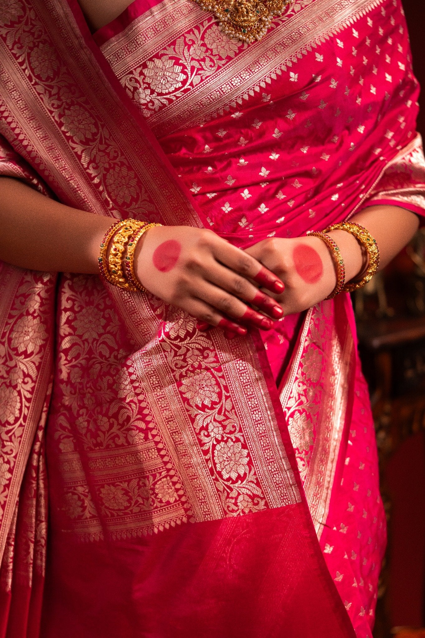 Magenta Pink Banarasi Katan Silk Saree with Butti Motif & Zari Border - Atulyakarigari