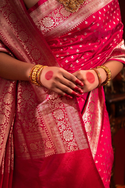 Magenta Pink Banarasi Katan Silk Saree with Butti Motif & Zari Border - Atulyakarigari