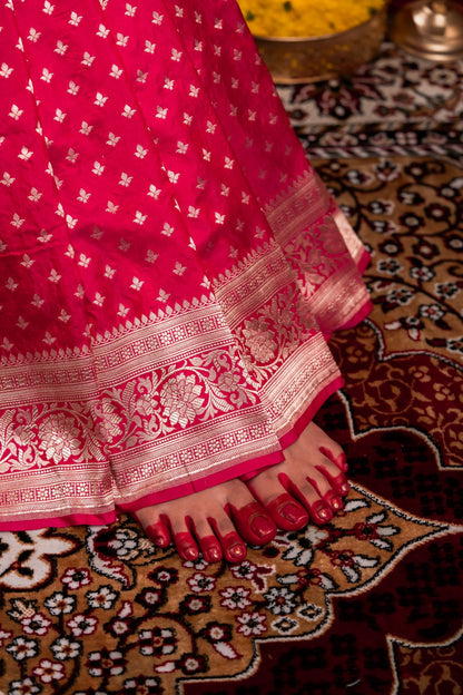 Magenta Pink Banarasi Katan Silk Saree with Butti Motif & Zari Border - Atulyakarigari