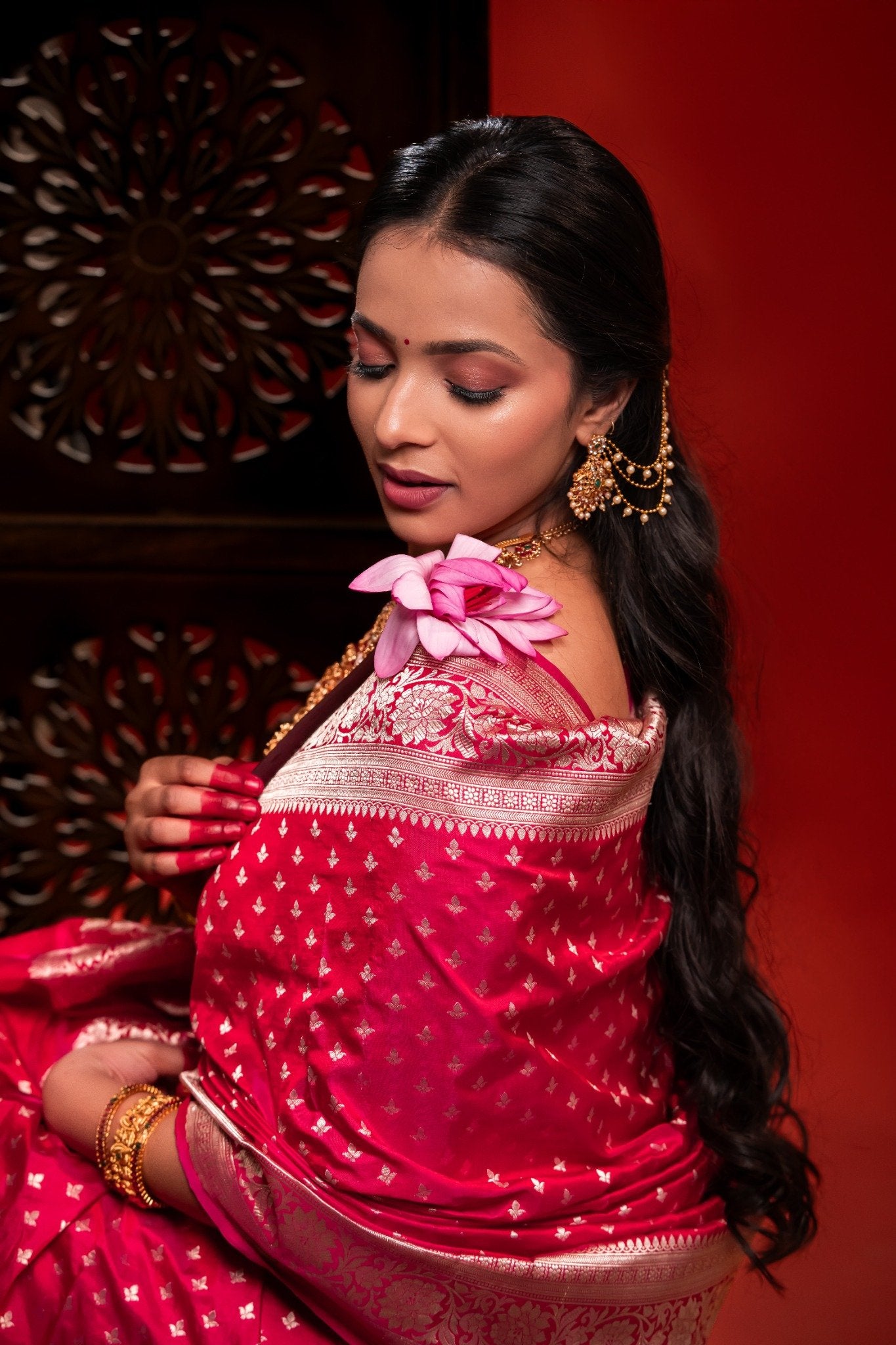 Magenta Pink Banarasi Katan Silk Saree with Butti Motif & Zari Border - Atulyakarigari