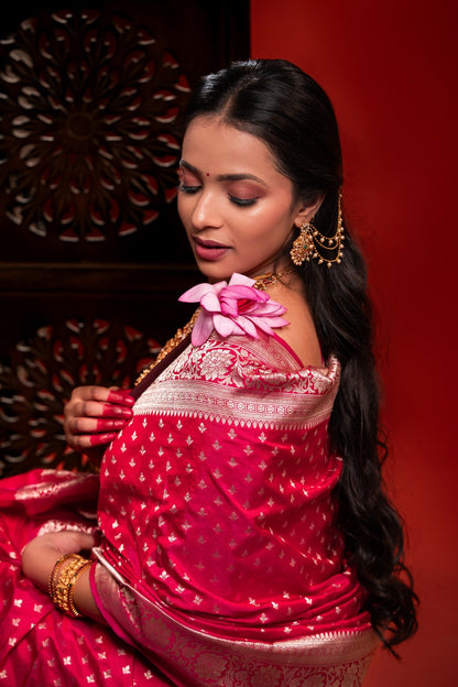 Magenta Pink Banarasi Katan Silk Saree with Butti Motif & Zari Border - Atulyakarigari