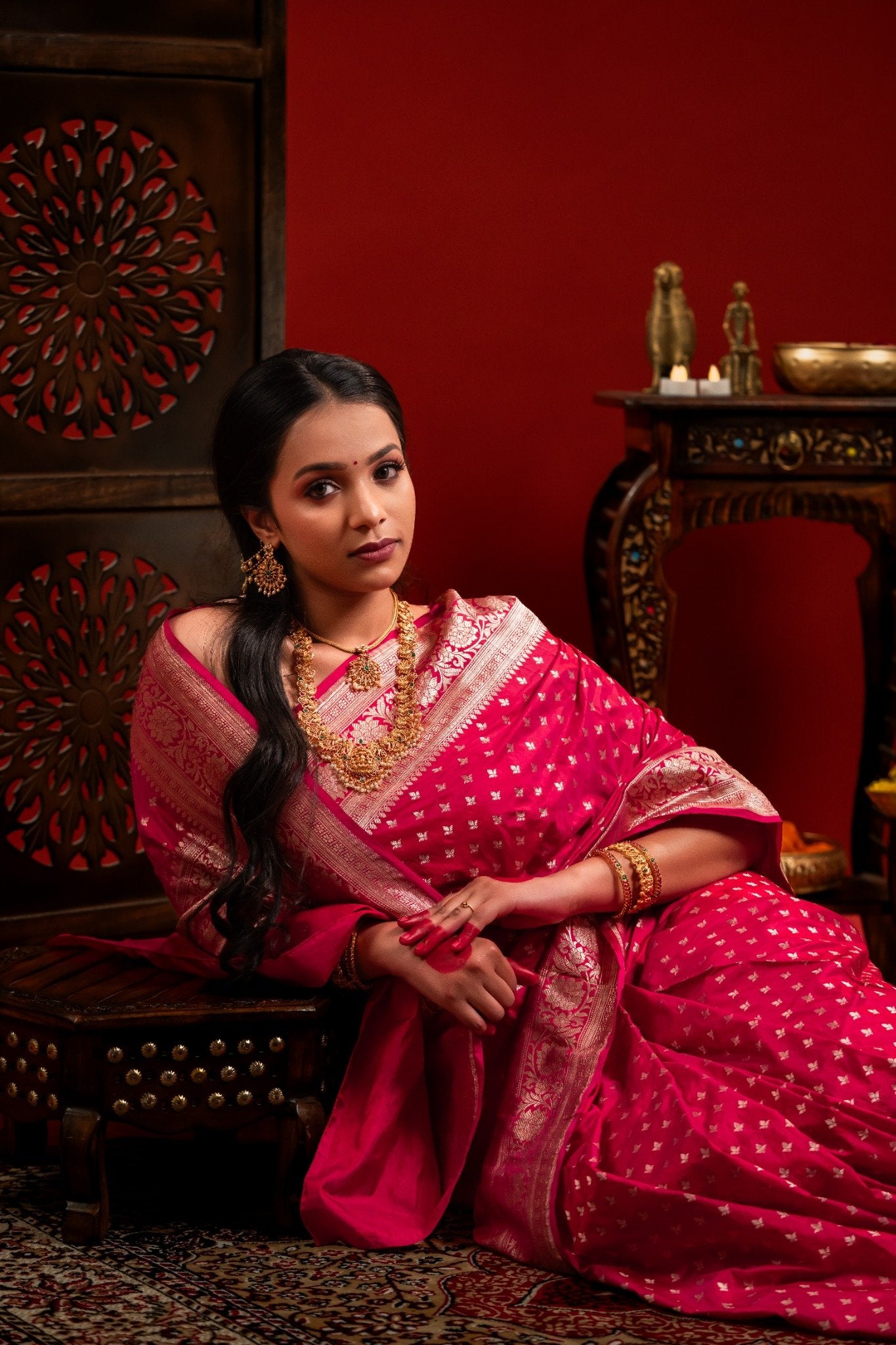 Magenta Pink Banarasi Katan Silk Saree with Butti Motif & Zari Border - Atulyakarigari