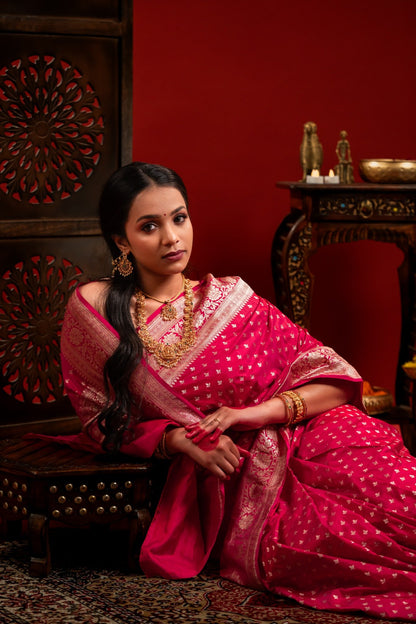 Magenta Pink Banarasi Katan Silk Saree with Butti Motif & Zari Border - Atulyakarigari
