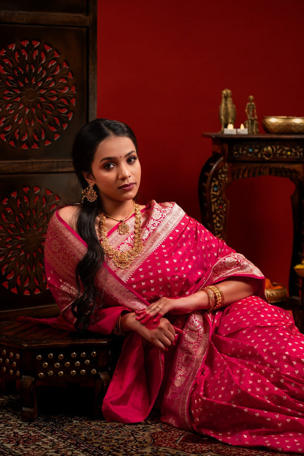 Magenta Pink Banarasi Katan Silk Saree with Butti Motif & Zari Border