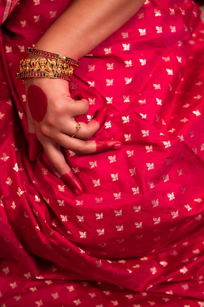 Magenta Pink Banarasi Katan Silk Saree with Butti Motif & Zari Border - Atulyakarigari