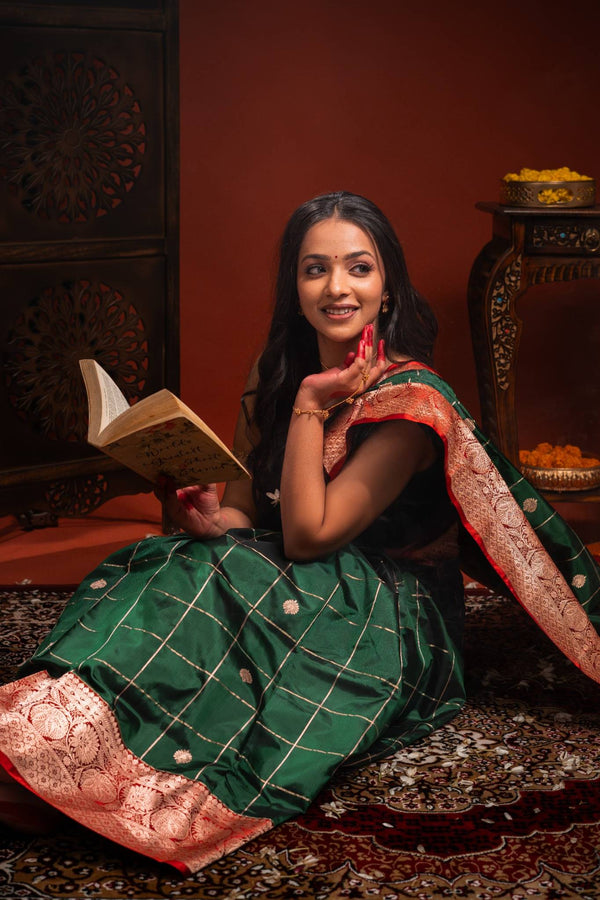 Bottle Green Banarasi Katan Silk Saree with Chequered Zari & Intricate Border