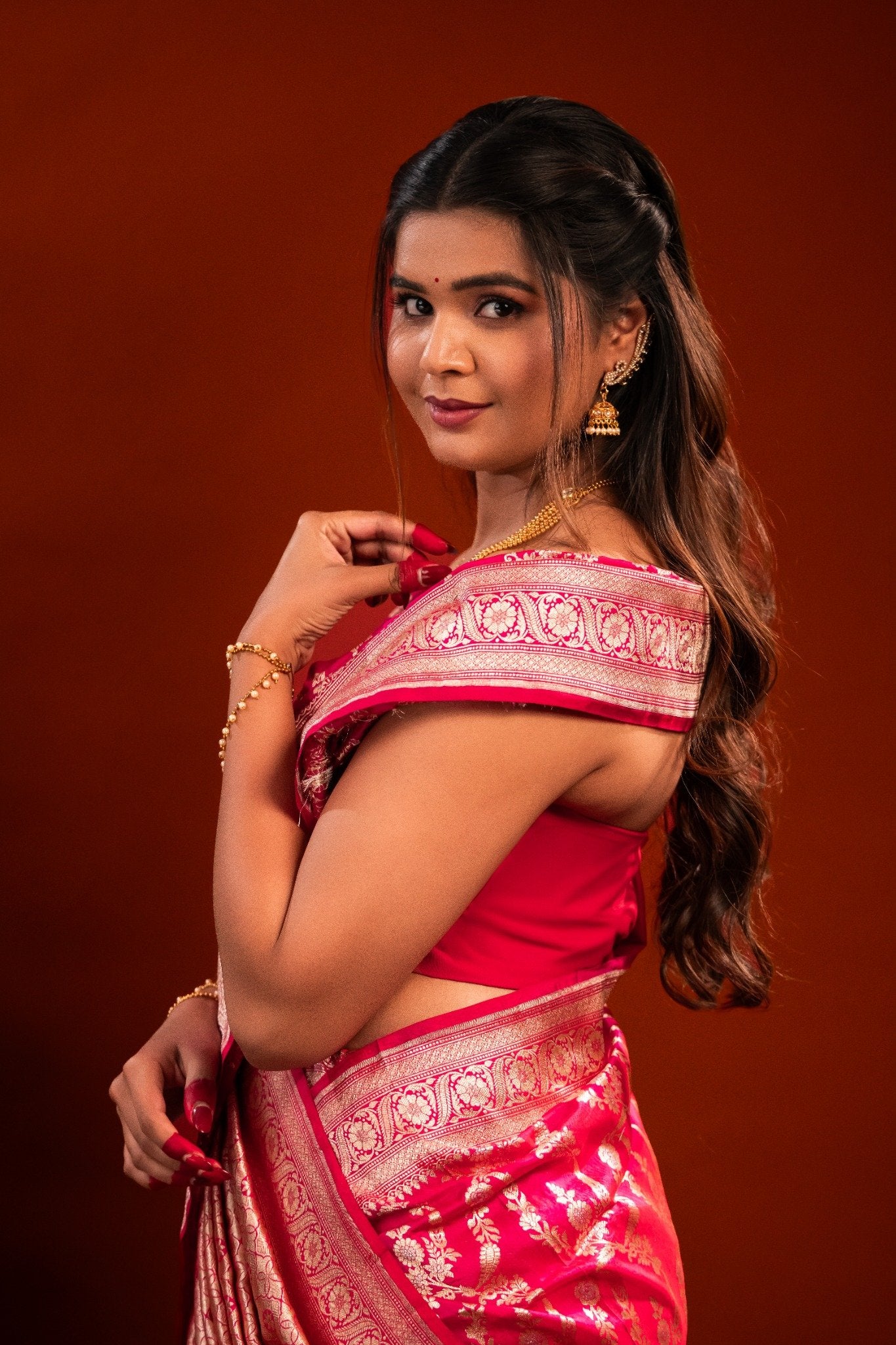 Dark Pink Banarasi Katan Silk Saree with Zari Jangla Border - Atulyakarigari