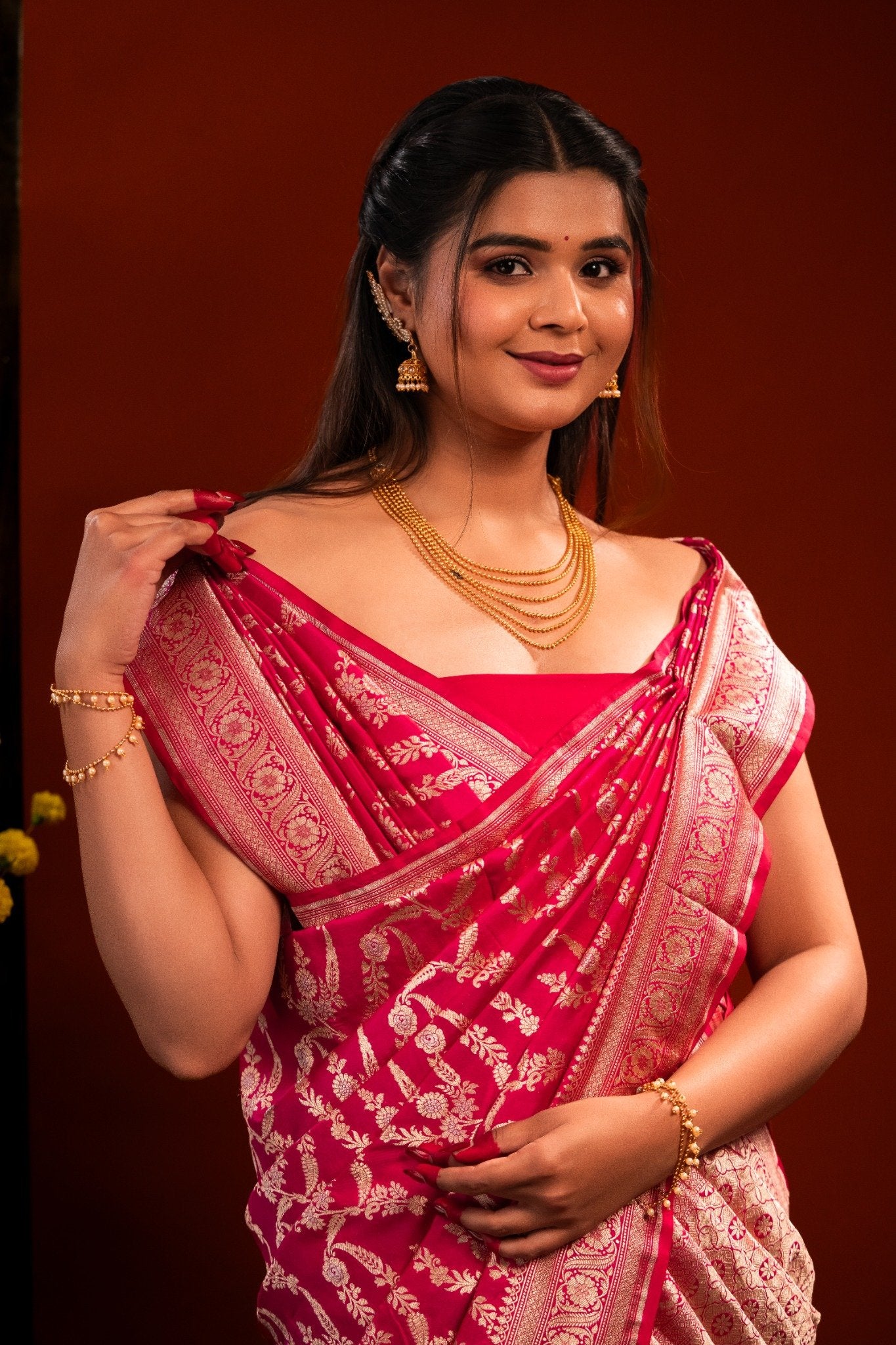 Dark Pink Banarasi Katan Silk Saree with Zari Jangla Border - Atulyakarigari