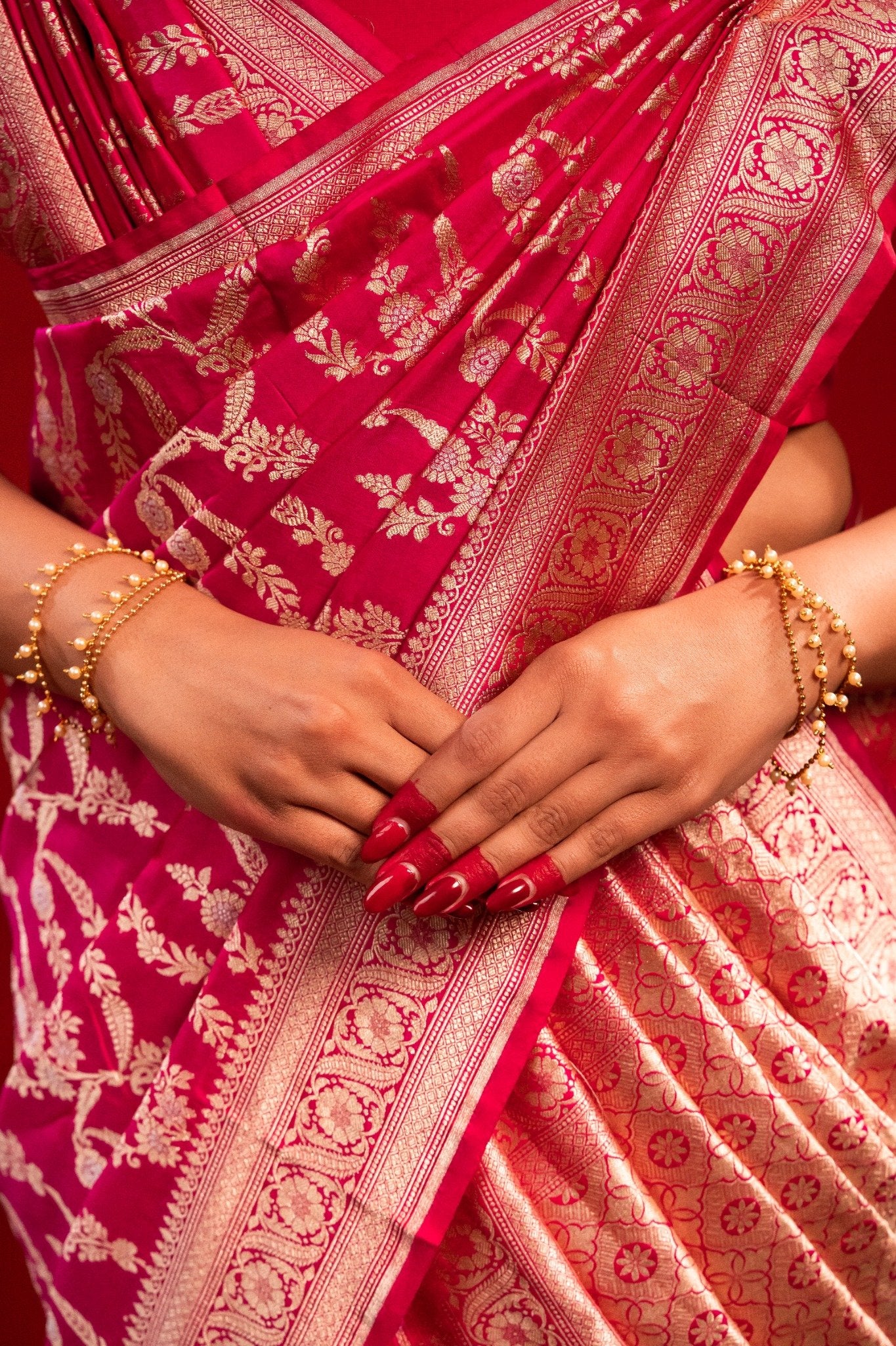 Dark Pink Banarasi Katan Silk Saree with Zari Jangla Border - Atulyakarigari