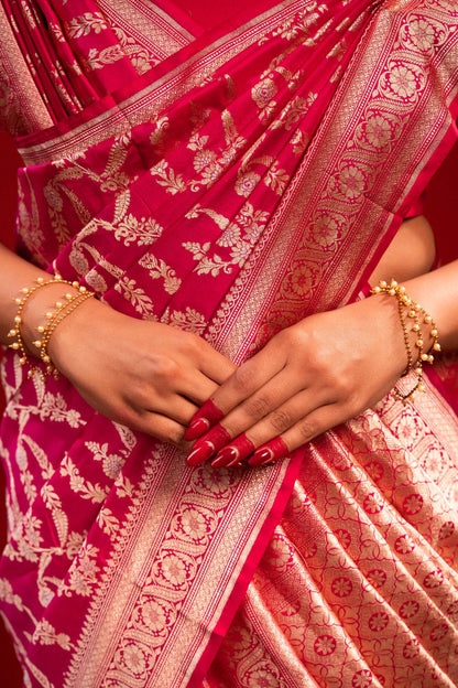 Dark Pink Banarasi Katan Silk Saree with Zari Jangla Border - Atulyakarigari