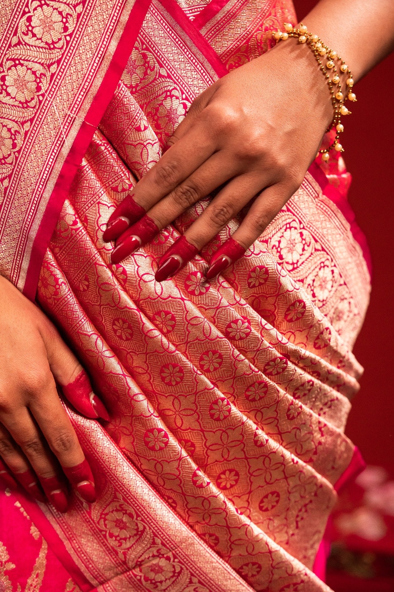 Dark Pink Banarasi Katan Silk Saree with Zari Jangla Border - Atulyakarigari