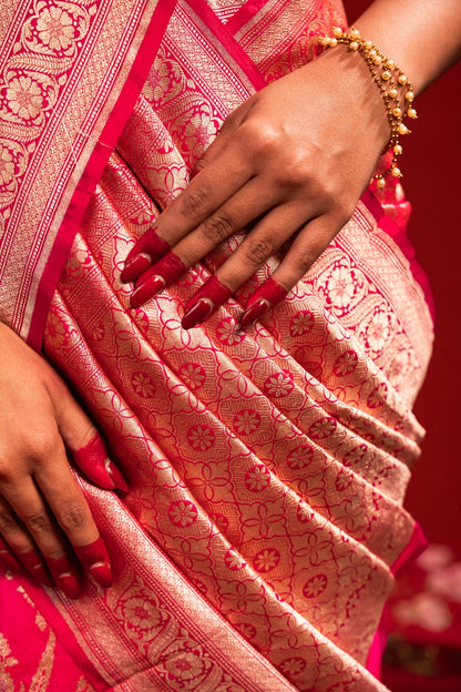 Dark Pink Banarasi Katan Silk Saree with Zari Jangla Border - Atulyakarigari
