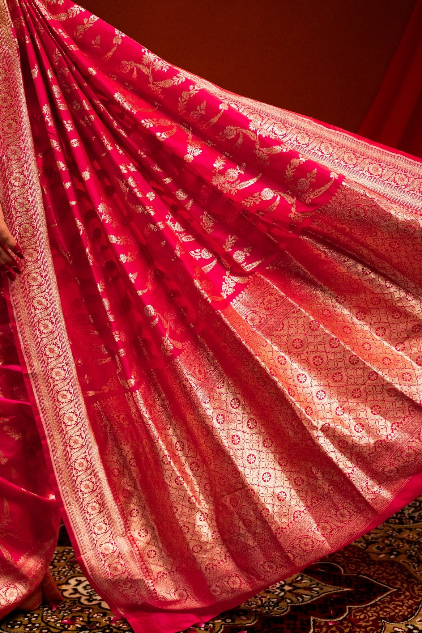 Dark Pink Banarasi Katan Silk Saree with Zari Jangla Border - Atulyakarigari