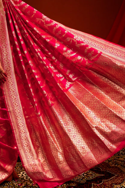 Dark Pink Banarasi Katan Silk Saree with Zari Jangla Border - Atulyakarigari
