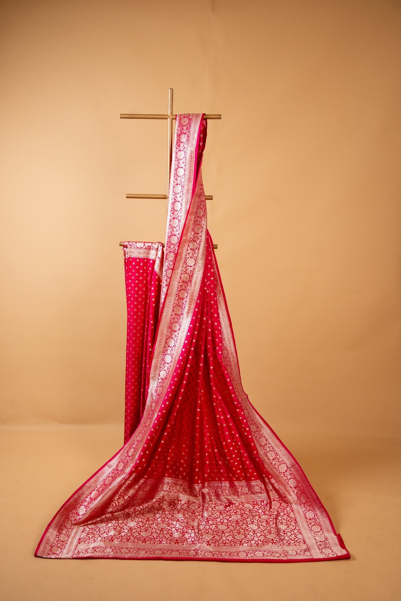 Magenta Pink Banarasi Katan Silk Saree with Butti Motif & Zari Border - Atulyakarigari