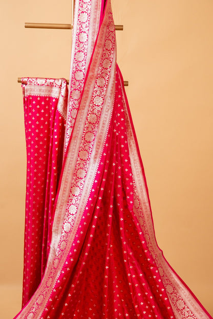Magenta Pink Banarasi Katan Silk Saree with Butti Motif & Zari Border - Atulyakarigari