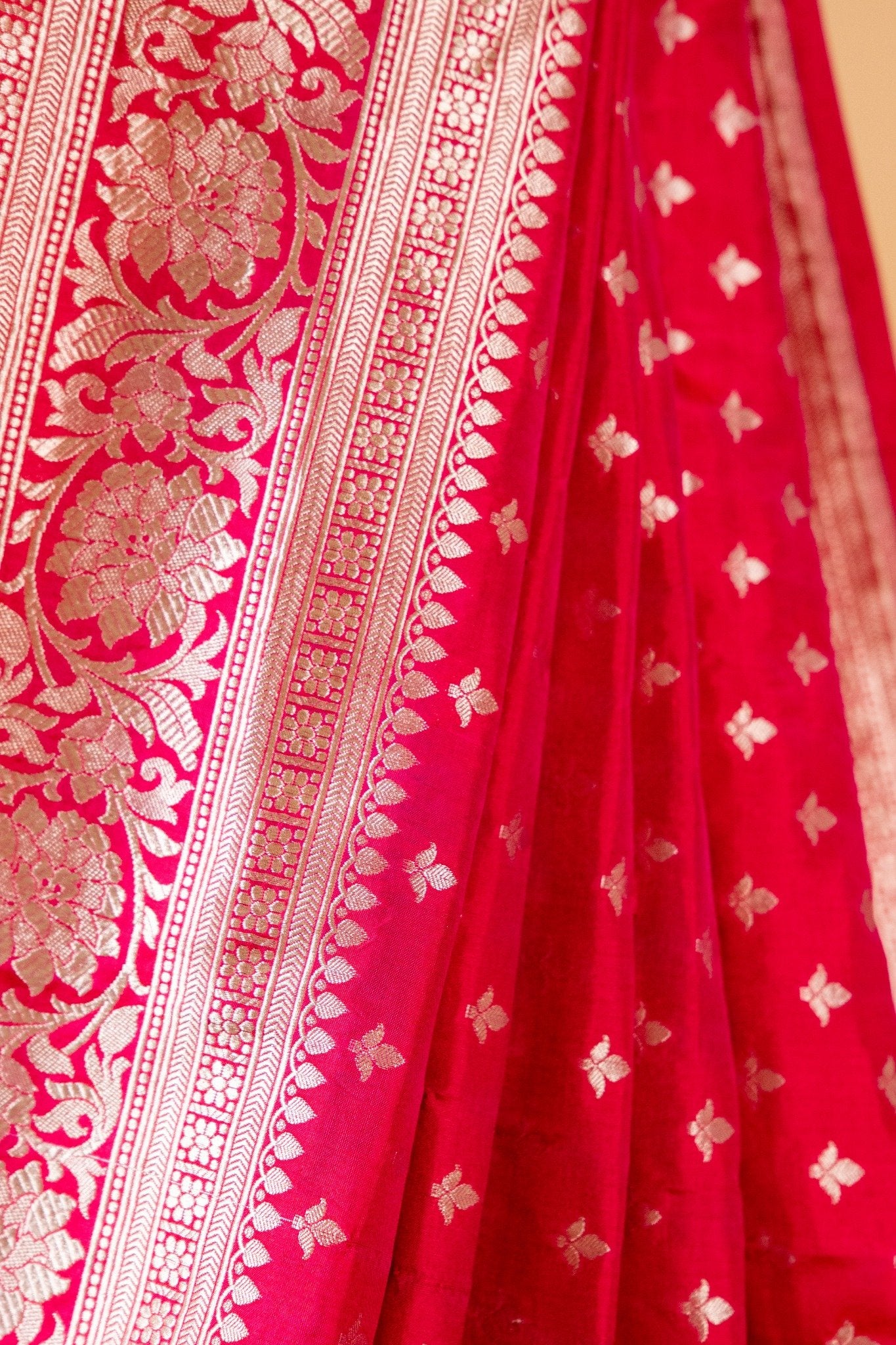 Magenta Pink Banarasi Katan Silk Saree with Butti Motif & Zari Border - Atulyakarigari