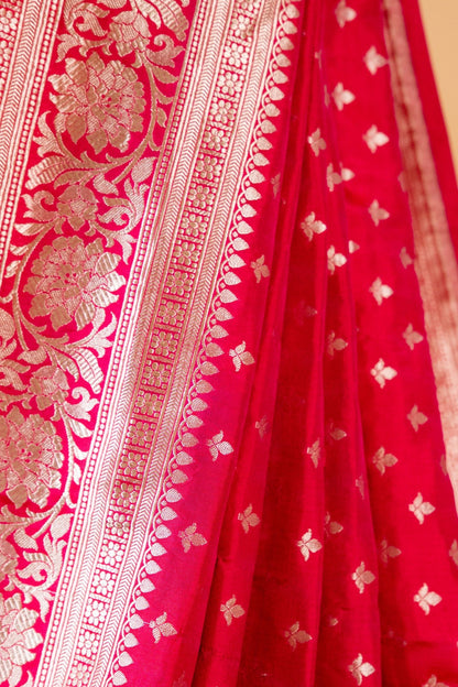 Magenta Pink Banarasi Katan Silk Saree with Butti Motif & Zari Border - Atulyakarigari