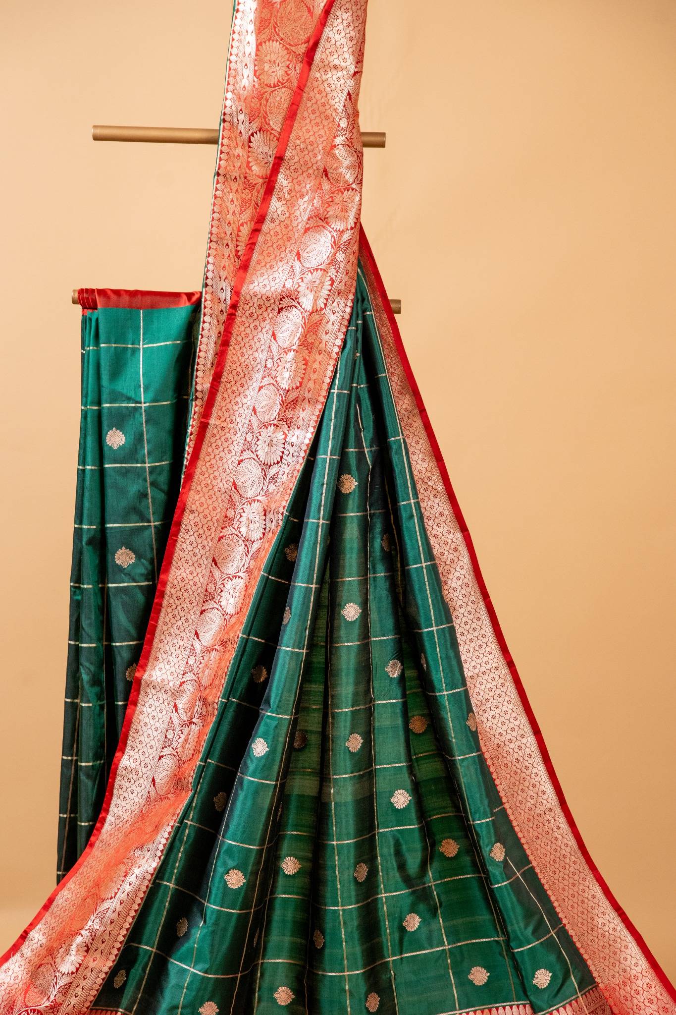 Bottle Green Banarasi Katan Silk Saree with Chequered Zari & Intricate Border
