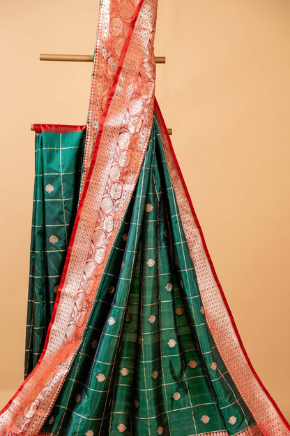 Bottle Green Banarasi Katan Silk Saree with Chequered Zari & Intricate Border