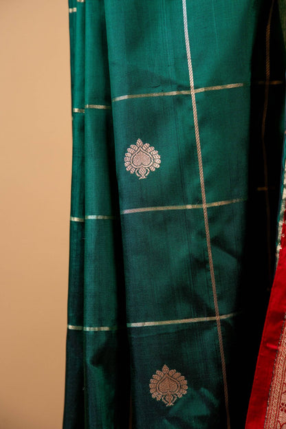 Bottle Green Banarasi Katan Silk Saree with Chequered Zari & Intricate Border