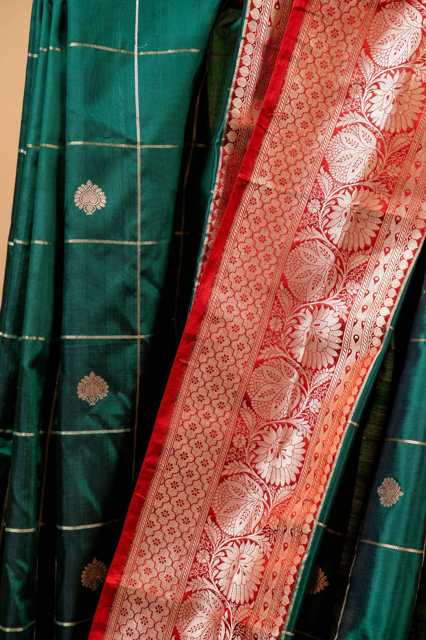 Bottle Green Banarasi Katan Silk Saree with Chequered Zari & Intricate Border