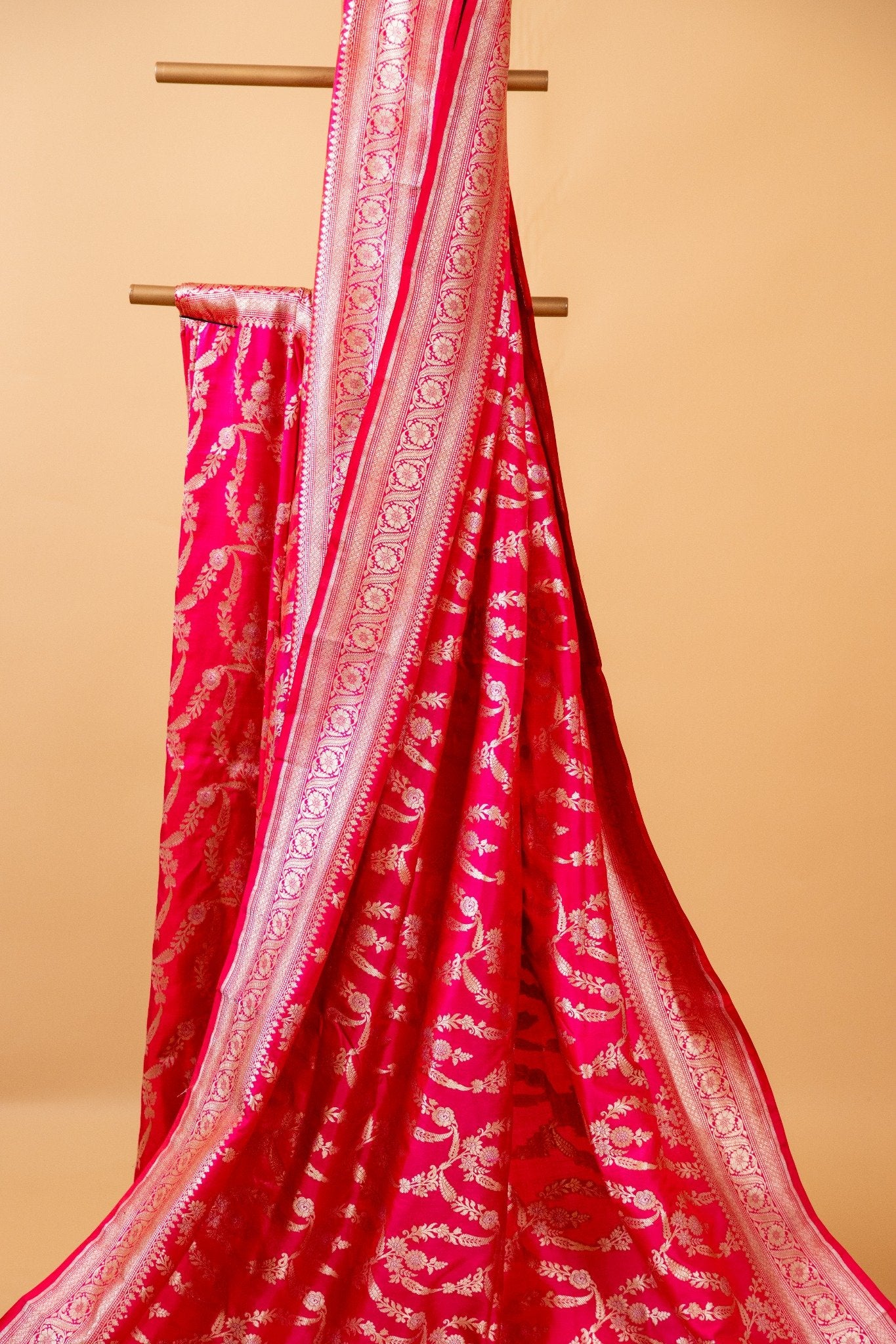 Dark Pink Banarasi Katan Silk Saree with Zari Jangla Border - Atulyakarigari